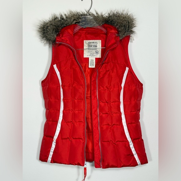 πHPπ Eddie Bauer Womens Red Orange Goose Down Puffer Vest Faux Fur Hood Size S - Picture 2 of 6
